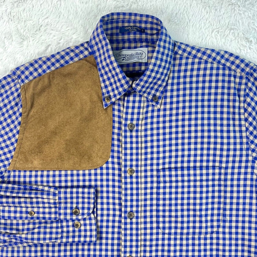 Chesapeake Bay‎ Hunting Shirt Men's SMALL Blue Tan Gingham Check Shoulder Patch